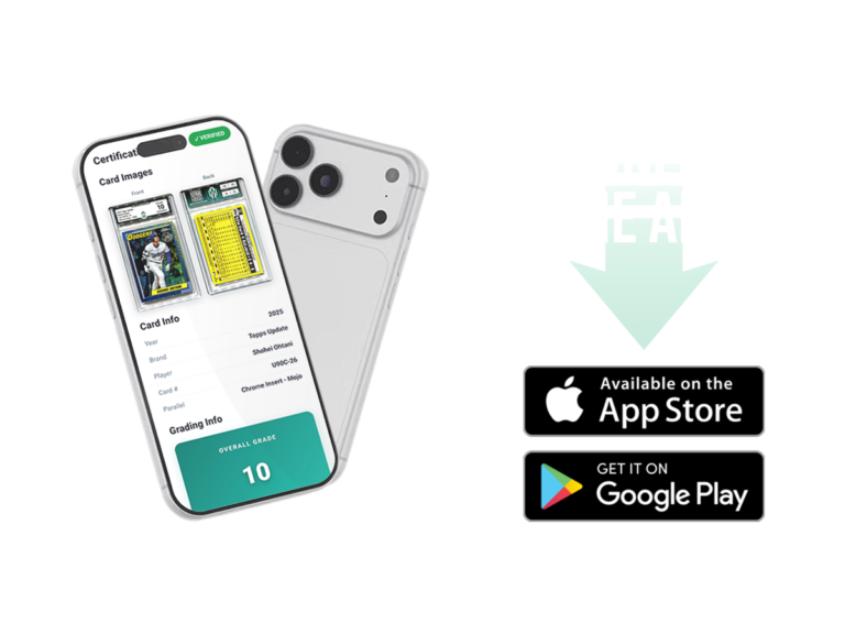 Preview of the Mint Authentication mobile app on Android and iPhone screens showing sports card grading submission forms, a QR code label scanner for slab verification, and a community feed for trading card collectors.